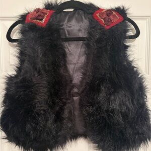 One of a kind faux fur vest with hand embroidered shoulders